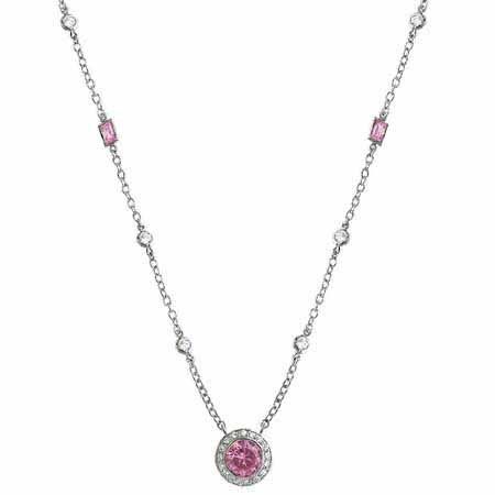 Sterling Silber Pink & Clear CZ Anhänger & Station Halskette