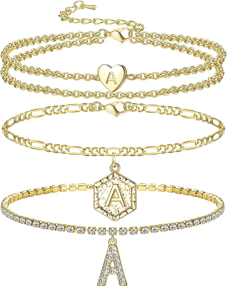 Anfängliche Knöchel-Armbänder für Frauen 14K Gold beschichtete feine geschichtete Herzen Figaro Ketten Tennis Ankleber personalisierte Alphabet Anhänger Sommer Strand verstellbar