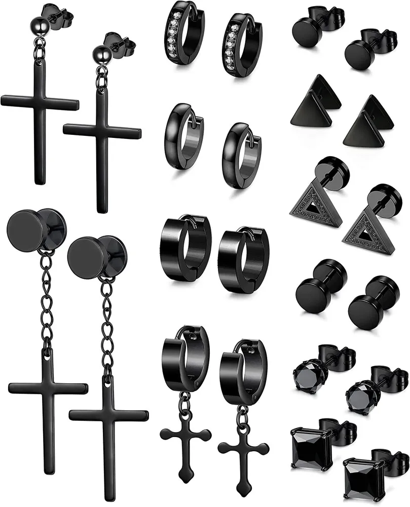 12 Paare Stud Ohrringe Hoop Ohrringe Set für Männer Frauen Edelstahl Cross Huggie Ohrringe Piercing