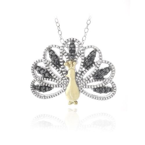 Sterling Silber Zwei Tone Schwarz Diamant Akzent Pfauen Halskette