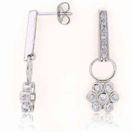 Sterling Silber Simulierte Diamanten CZ Bar und Blumen Drop Ohrringe