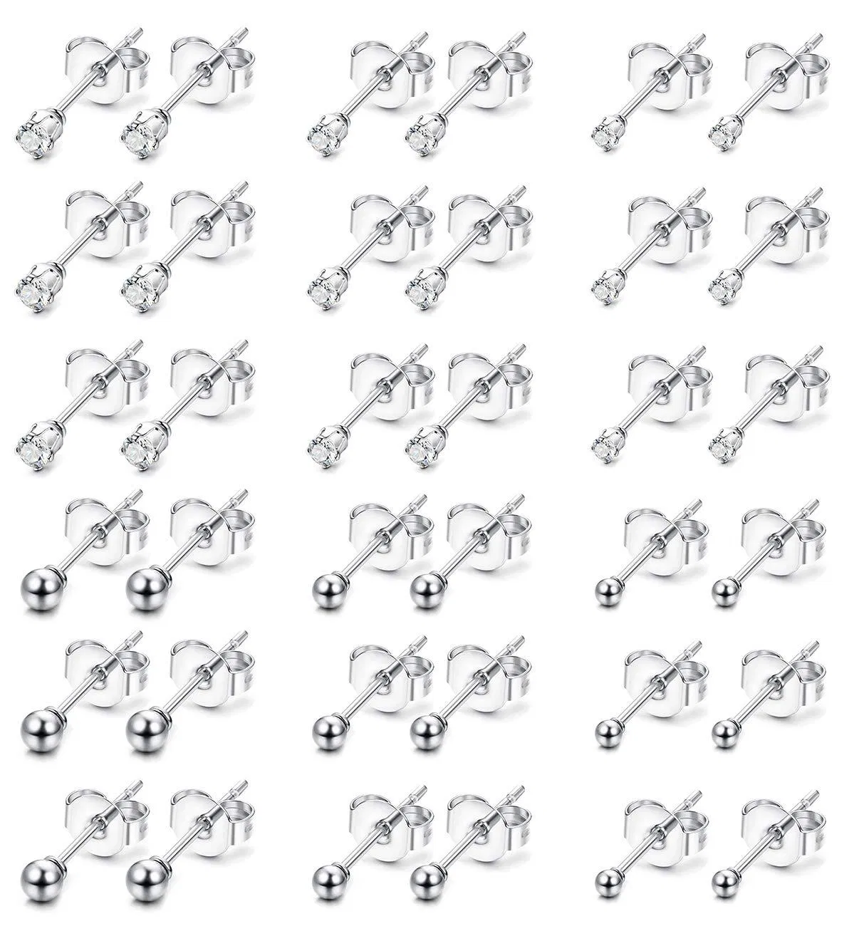 18 Paare winzige Stud Ohrringe für Frauen Edelstahl Ball Mini Ohrringe und Kubik Zirkonia Ohrringe Set 2mm 3mm 4mm