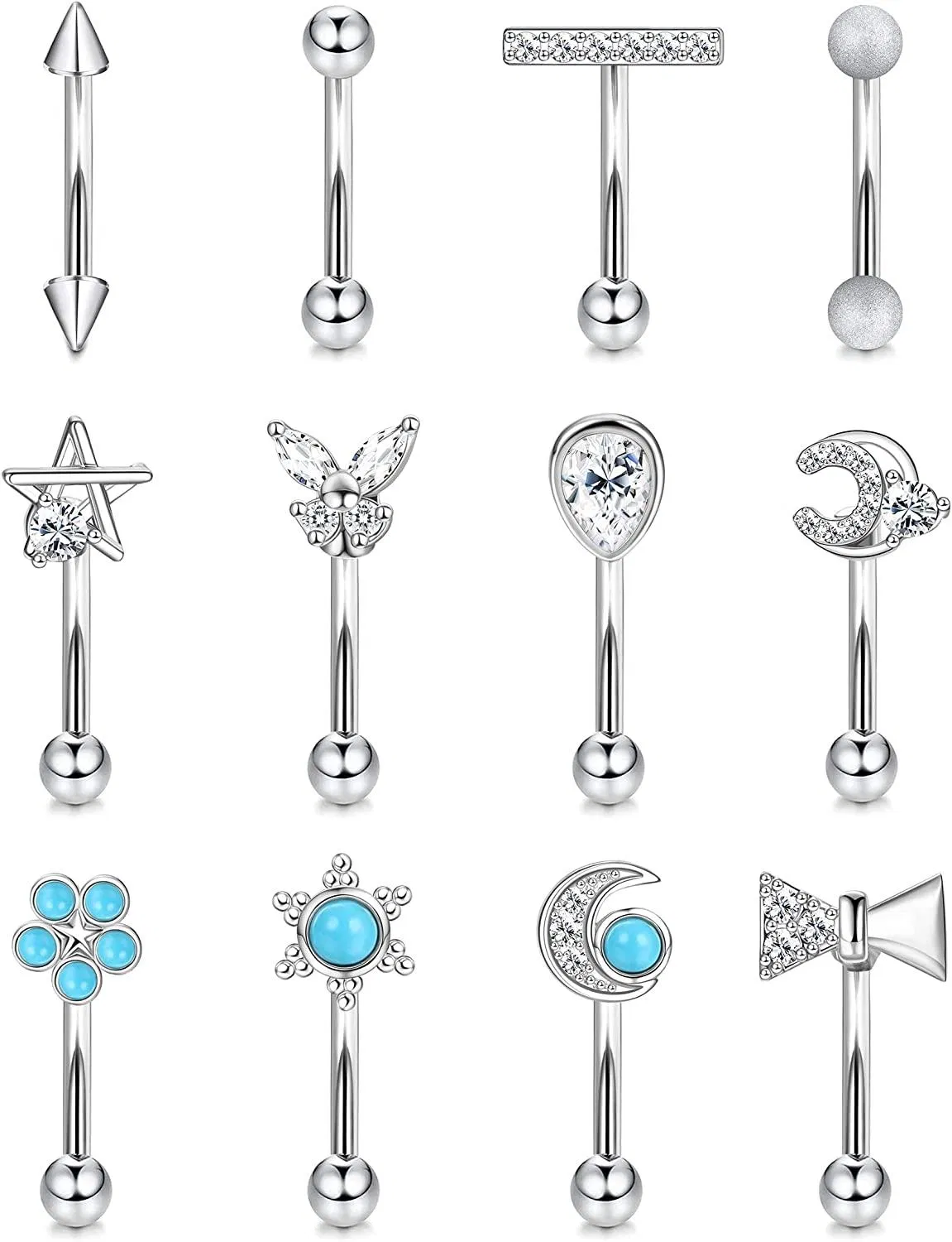 Rook Piercing für Frauen 16G Augenbrauenringe Mond Stern Schmetterling Augenbrauen Piercing Kurven Barbell Kleiner Bauch Lippenring CZ Körper Piercing 8mm