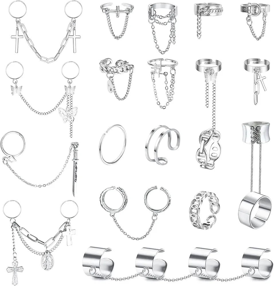 20 Stück Kettenringe Punk ästhetische Ringe einstellbare stapelbare Vintage Goth Ringe für Männer Frauen Egirls Eboys Gothic Ringe Emo Alt Zubehör Y2k Knuckle Ringe Set