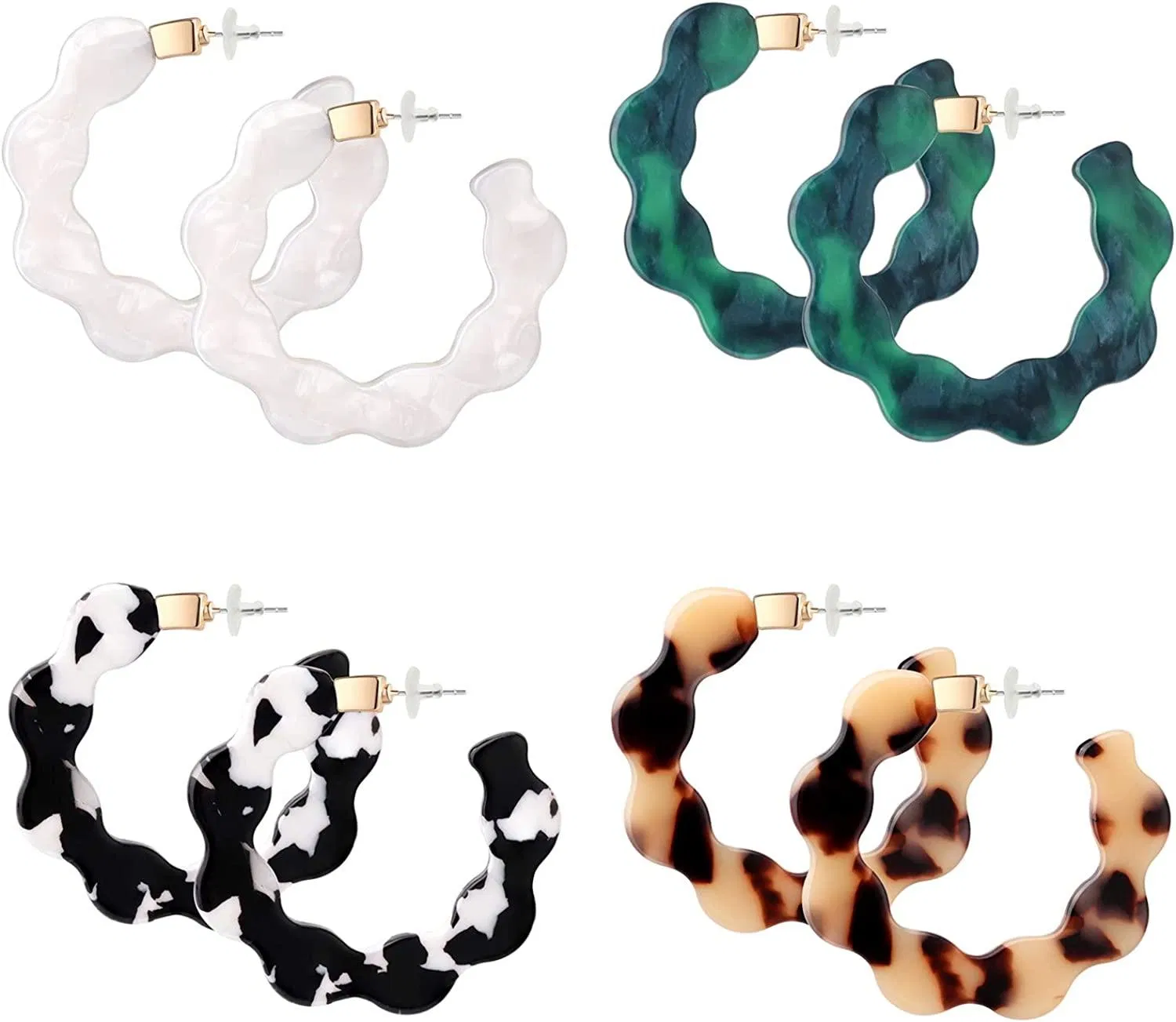 4 Paare Motted Acrylic Hoop Ohrringe für Frauen Leichtgewicht Bohemian Jewelry Shell Resin Wave Statement Ohrringe Set
