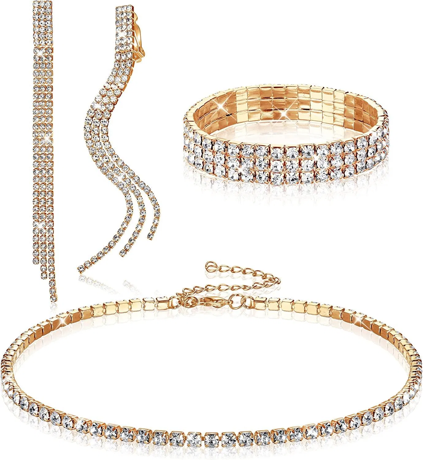 Crystal Choker Kette und Ohrring Sets für Frauen Silber Cup Kette Clear Rhinestone Kette Long Drop Dangle Tassel Clip On Ohrringe mit Rhinestone Stretch Armband