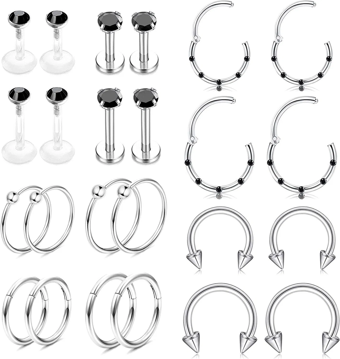 12Paare 16G / 20G Knorpelschleife Helix Daith Tragus Ohrringe CBR Hinge Clicker Septum Ring CZ Schlaf Ohrringe Edelstahl & Clear Flexible Lippenringe Labret Studs Monroe Piercing