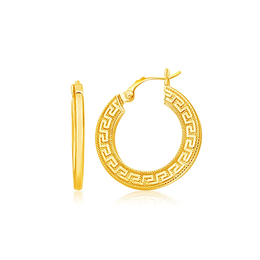 14 Karat Gelbgold Griechischer Schlüssel Medium Hoop Ohrringe mit flachen Seiten