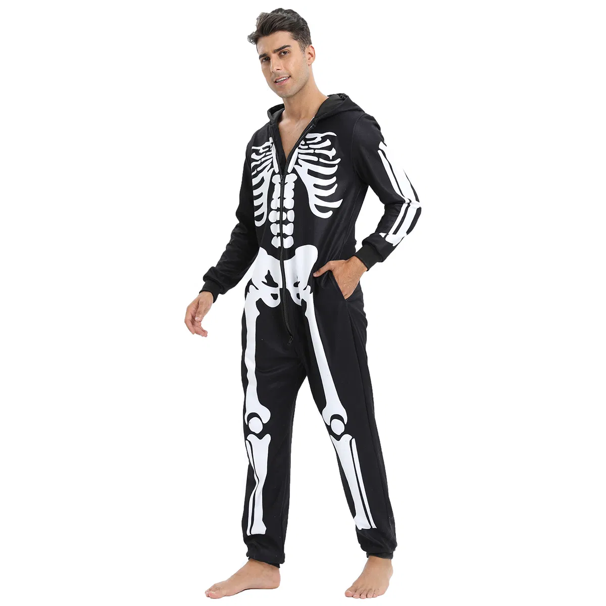 Men 's Casual One-Piece Loungewear Hooded Pyjamas Long Mode Pattern Loungewear