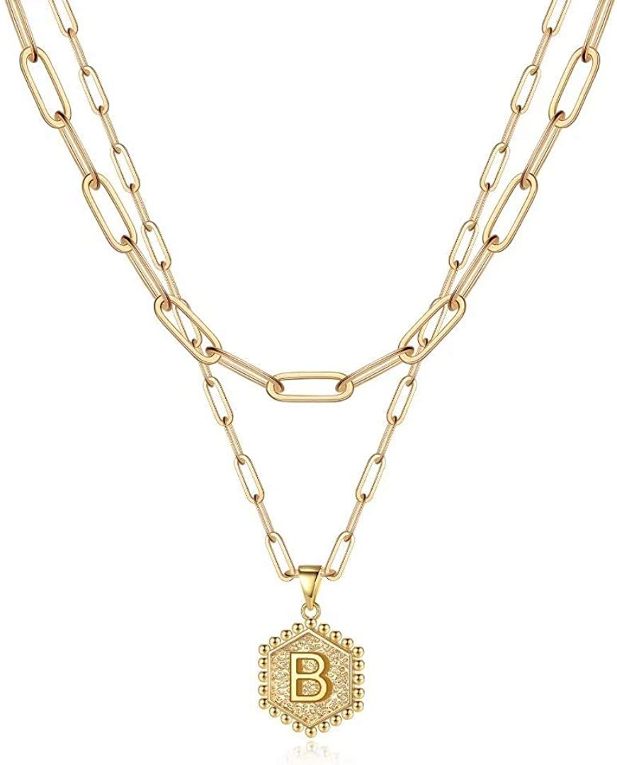 Dainty Layered Initial Halskette für Frauen, 14K Gold Plated Paperclip Chain Kette Einfache süße Sechseck Brief Anhänger Initial Choker Kette Gold Layered Halskette für Frauen