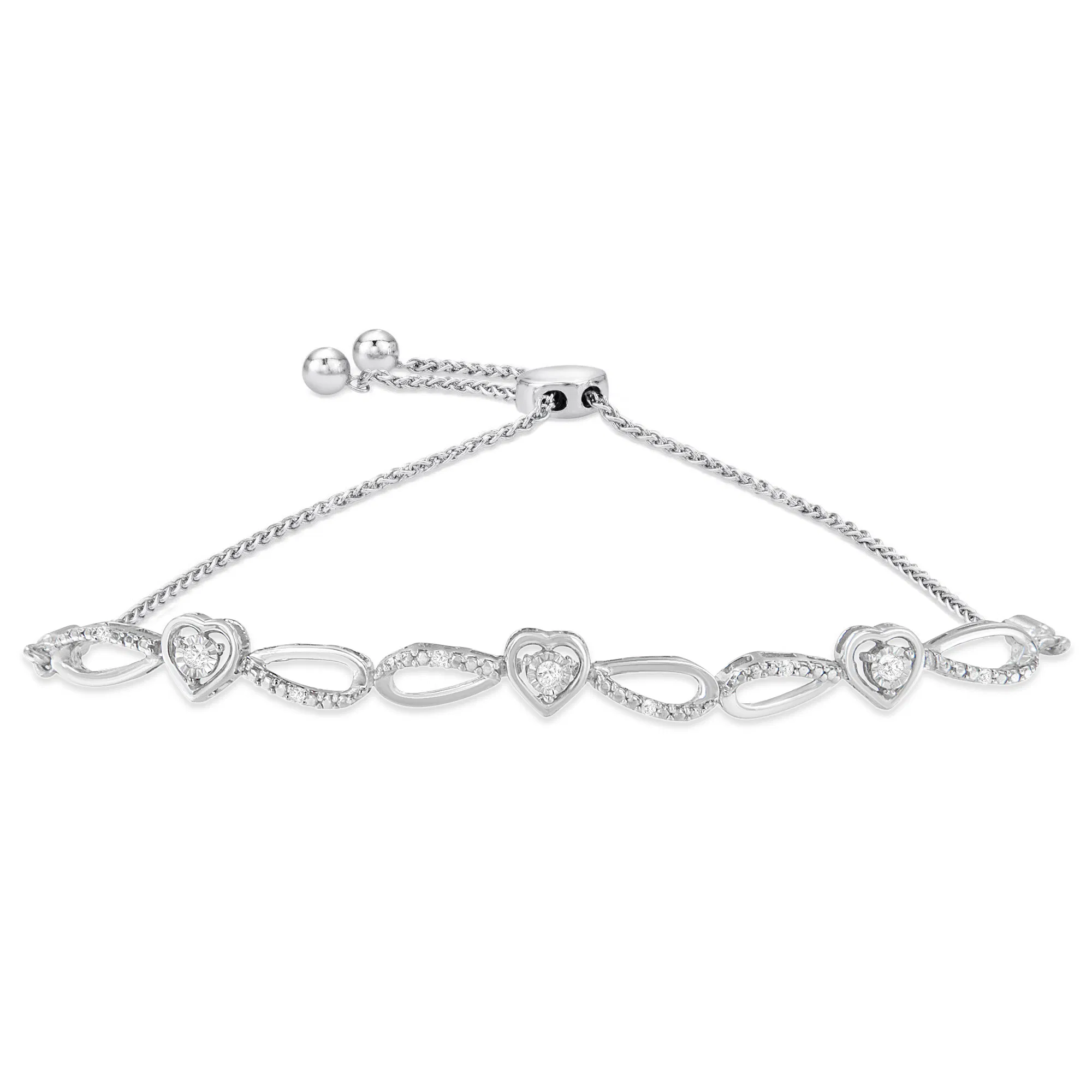 .925 Sterling Silber 1 / 10 Cttw Diamant Triple Heart-in - Infinity Bolo Stil verstellbares Armband (H-I Farbe, I2 - I3 Klarheit)