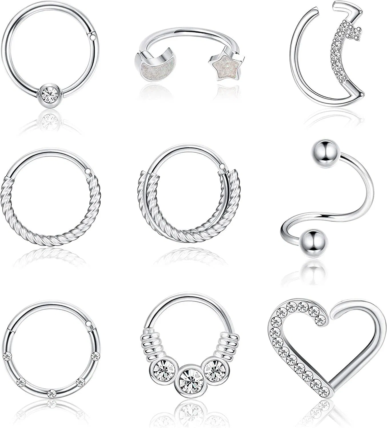 Edelstahl 16G 18G Knorpel Daith Helix Ohrringe für Frauen Hoop Nose Ringe CZ Mond Stern Herz Hosrschiere Knorpel Tragus Rook Piercing 8mm