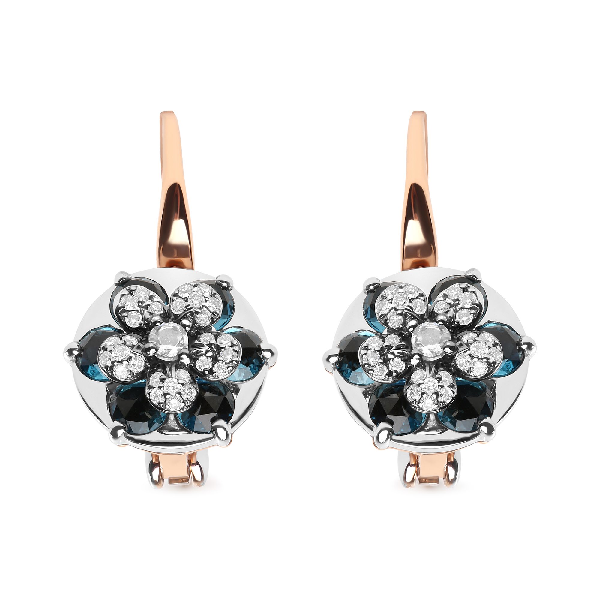 18 Karat Rose und Weißgold 1 / 3 Cttw Runde Diamanten und Runde London Blau Topaz Edelstein Cluster Floral Drop Hoop Ohrringe (G-H Farbe, SI1 - SI2 Klarheit)