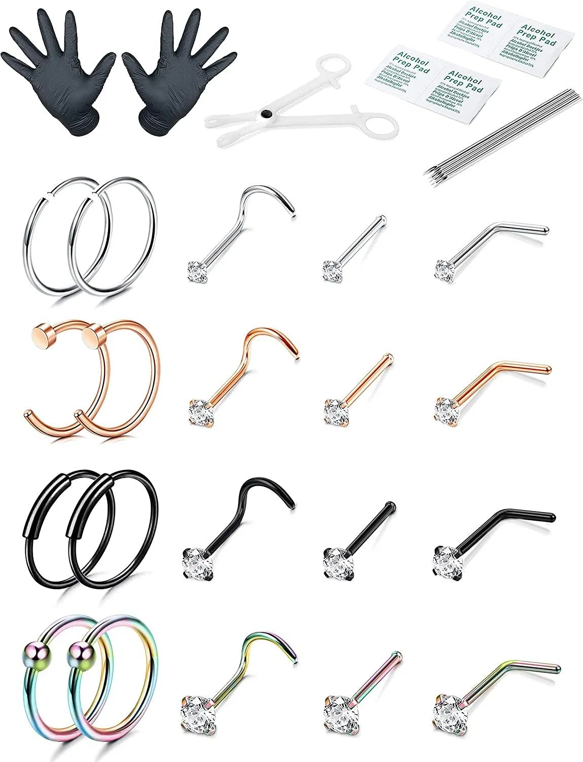 20PCS Nasen-Piercing - Kit Nasenringe für Frauen Männer; Nasenloch-Piercing - Set; Chirurgische Nasenringschleife; L-Form - Schraube BoneNose Stud; Professional Body Piercing Kit