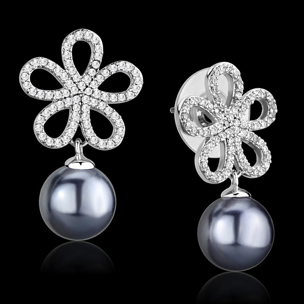 TS290 - Rhodium 925 Sterling Silber Ohrringe mit synthetischer Perle in hellgrauer Farbe