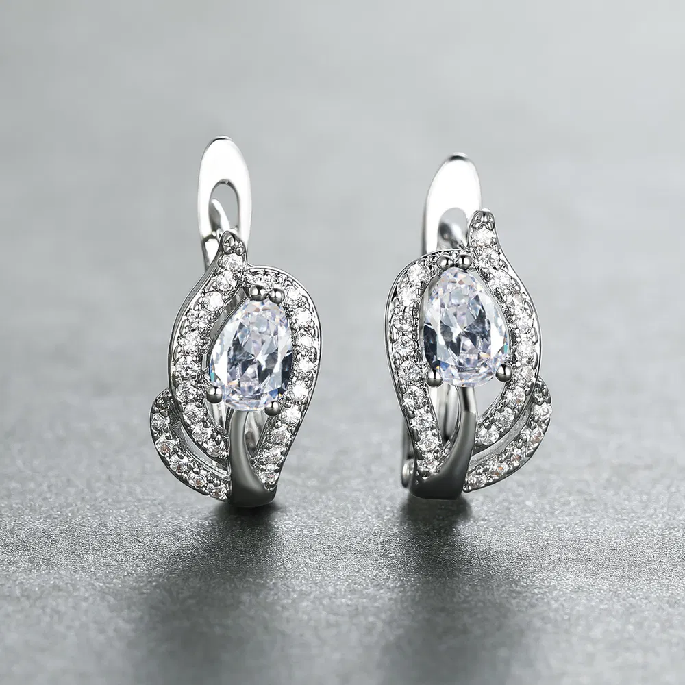 Wassertropfen Stein Hoop Ohrringe für Frauen Luxus-Multikarben Zirkonia Blatt Crystal Silber-Farbe Hochzeit Hoop Ohrringe