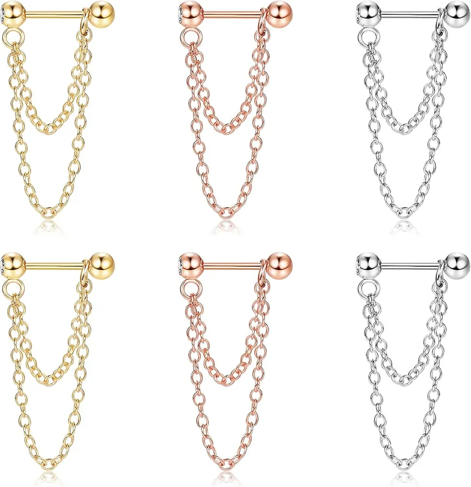 3Paare Edelstahl Muschel Doppelketten Ohrringe; minimalistische Dangle Muschel Ohrringe; Manschetten Ohrringe; Helix Knorpel Tragus Barbell mit Kette
