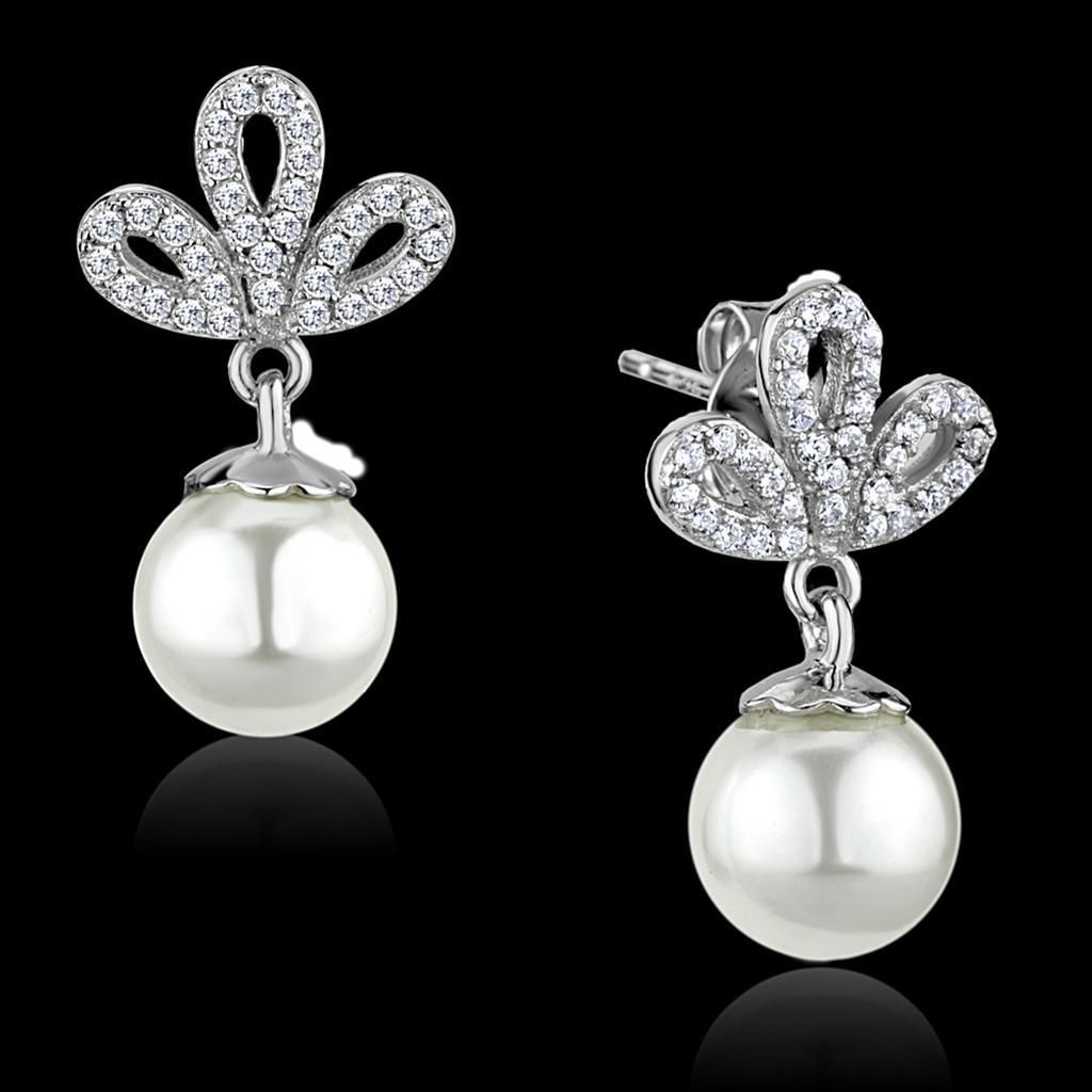 TS299 - Rhodium 925 Sterling Silber Ohrringe mit synthetischer Perle in Weiß