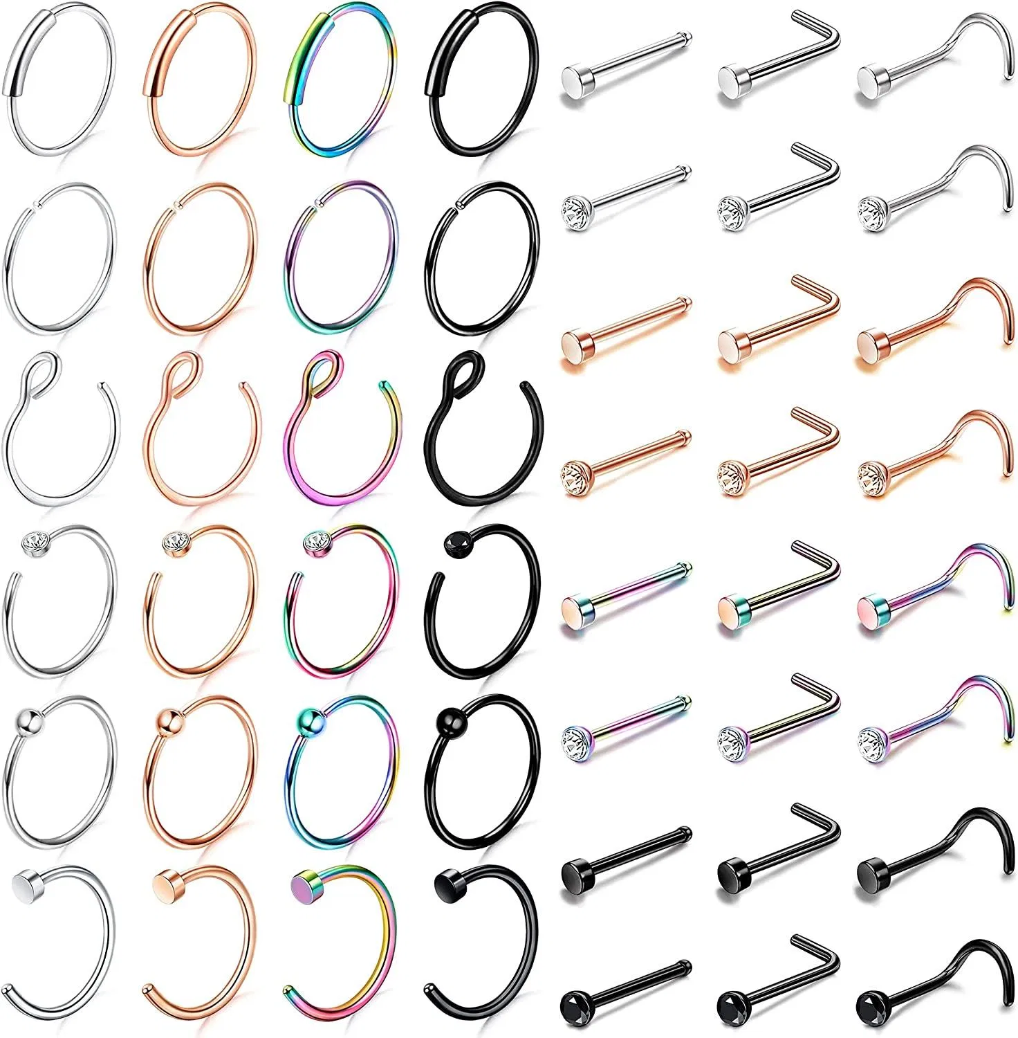 48 PCS 20G Chirurgische Edelnose Ringe für Frauen Männer Nasenring Hoops Studs Schraube L-förmige Nasen Piercings mit Kubik-Zirkonium eingelegt