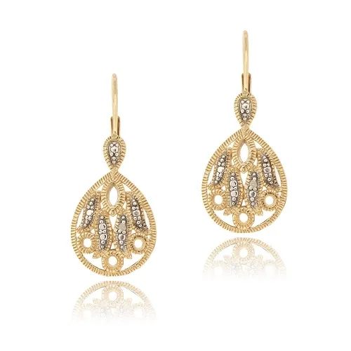 18 Karat Gold über Sterling Silber Diamant Akzent Teardrop Filigree Leverback Ohrringe