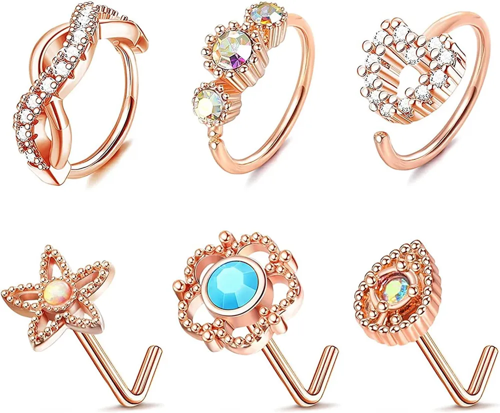20G Nasenringe Schleife für Frauen Männer Edelstahl L-förmige Nasenringe gepflastert CZ Herz Nasenring Schleife Ring Tränenblumen Nasen Stud Ringe Set Knorpel Ohrring Nasen Piercing Schmuck
