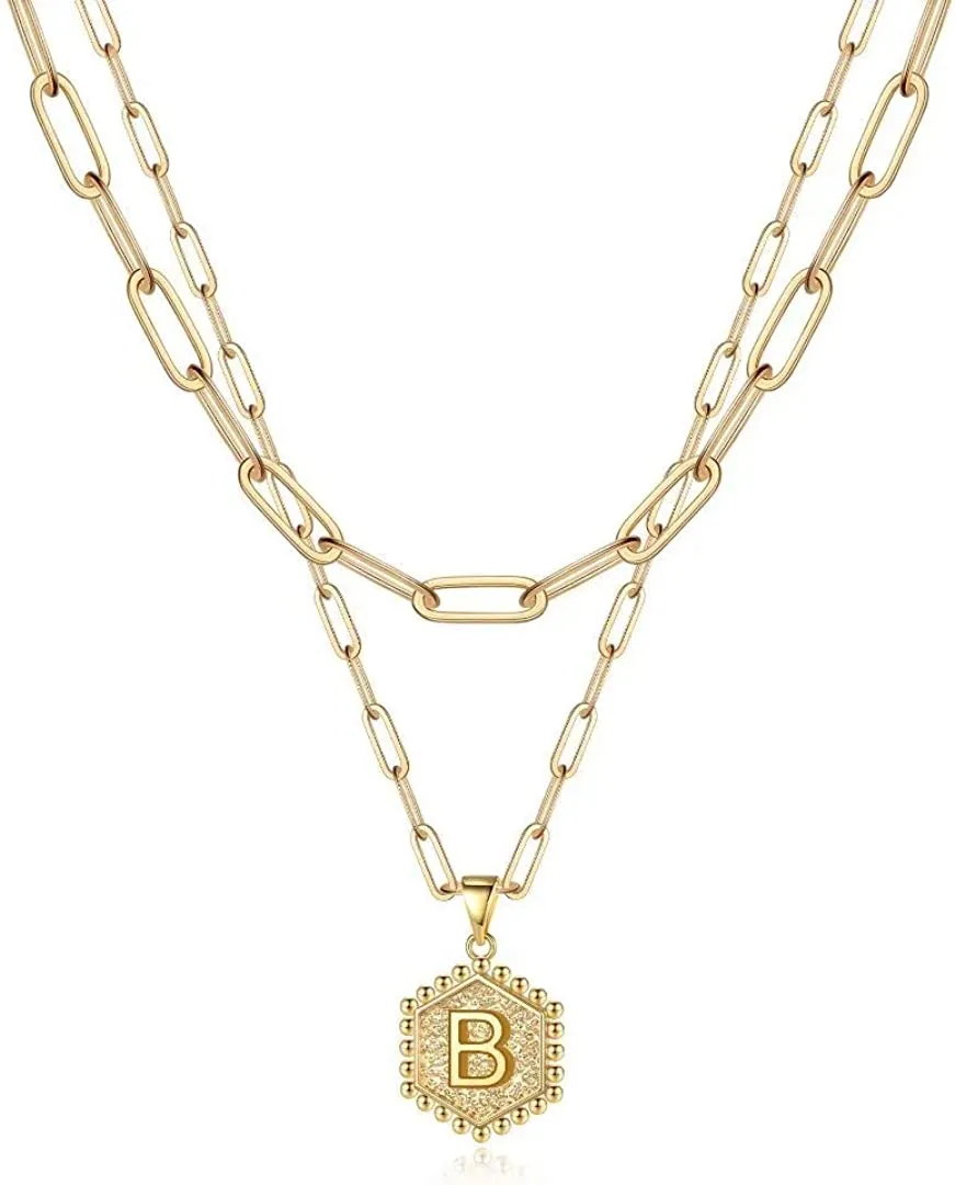 Dainty Layered Initial Halskette für Frauen, 14K Gold Plated Paperclip Chain Kette Einfache süße Sechseck Brief Anhänger Initial Choker Kette Gold Layered Halskette für Frauen