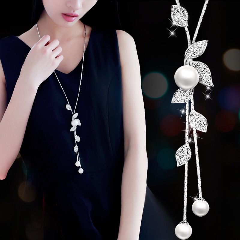 Y-Shaped Charm Halskette Blatt-Form Rhinestones & Faux Perlen Anhänger Dangle lange Halskette einstellbare elegante Tassel Pullover Ketten Schmuck