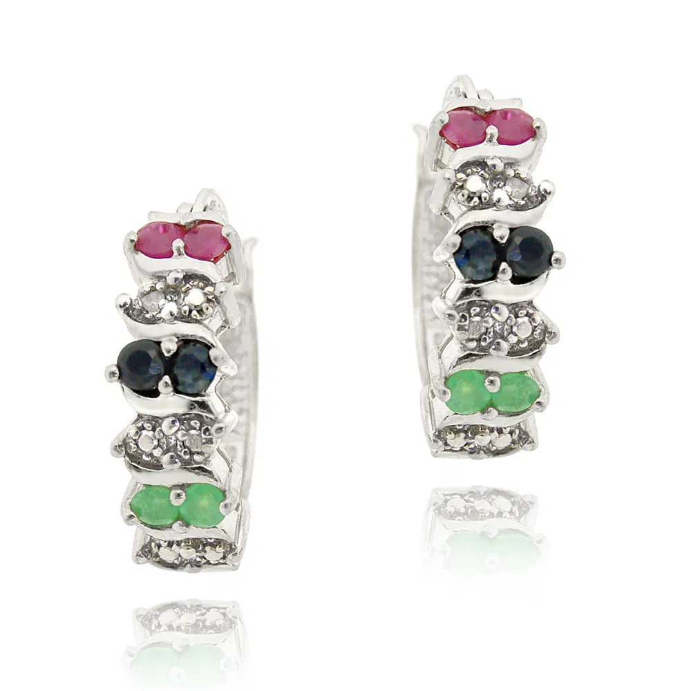 Sterling Silver Multi Color Edelsteine & Diamond Accent Hoop Ohrringe