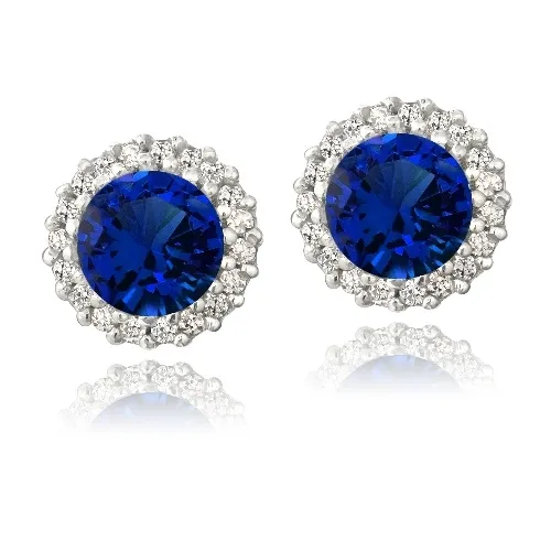 Sterling Silber 3,2 Karat geschaffen Blauer Saphir & CZ Halo Stud Ohrringe
