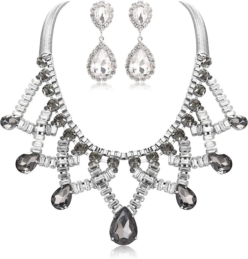 Custom Jewelry Set für Frauen Chunky Statement Collar Choker Bib Pearl Kette Drop Dangle Crystal Teardrop Ohrringe Prom Hochzeitsschmuck