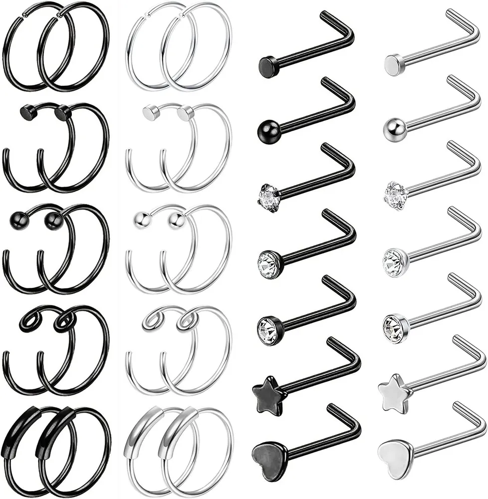 34Pcs 20G 316L Edelstahl Nasenring Schleife L-förmige Nasenringe Studs Piercings Schleife Tragus Knorpel Helix Ring Lippen Septum Piercing (silber schwarz)