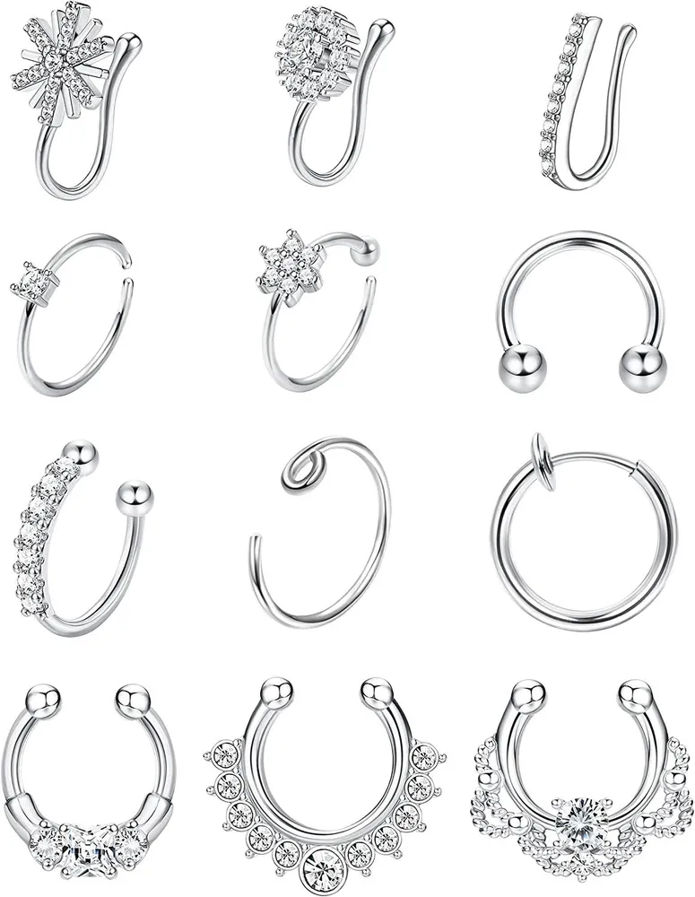 12 Stück Falsche Nasenringe für Frauen 316L Edelstahl eingeladen CZ Faux Piercing Falsche Nasenring Spring Clip auf Circle Hoop Falsche Septum Piercings 16 / 20G