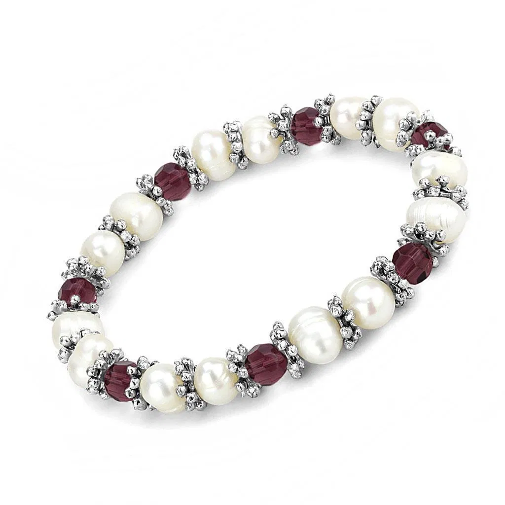 LO4654 - Antike Silber-weißes Metallarmband mit synthetischer Perle in Fuchsia