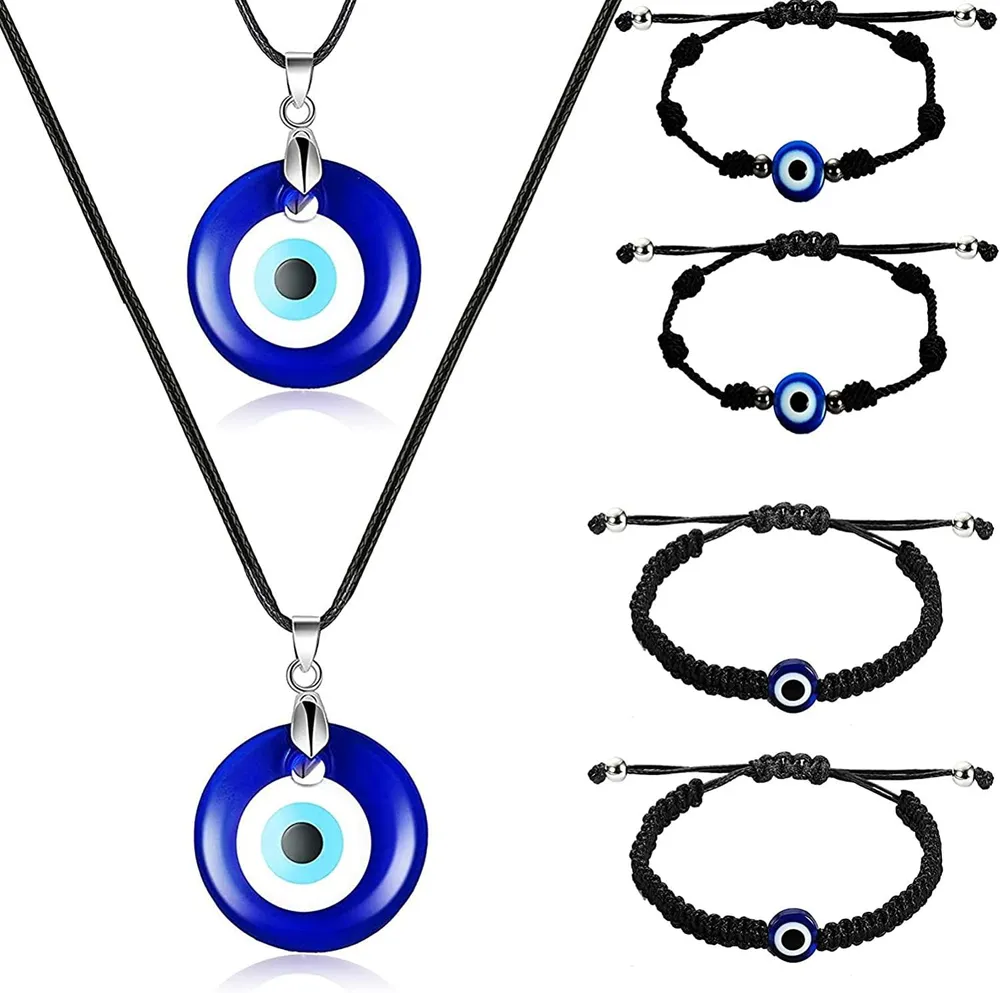 Evil Eye Kette mit Evil Eye Armband Set 4 Amulet Lucky Armbänder mit Karten 2 Evil Eye Anhänger türkischer blauer Kette Schutz Lucky Evil Eye für Frauen Männer