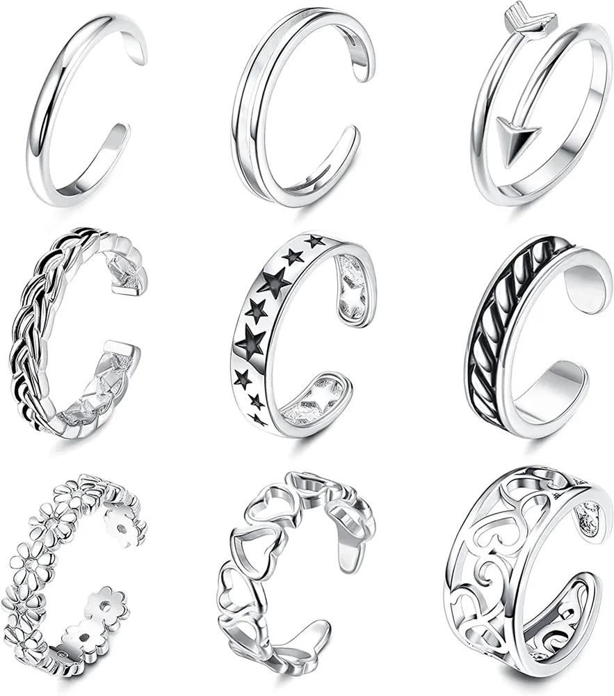 9PCS Open Toe Rings Set Verstellbarer Vintage Fingerring für Frauen Herz Celtic Star Tail Band Ringe Retro Beach Fuß Ring Schmuck Größe 3
