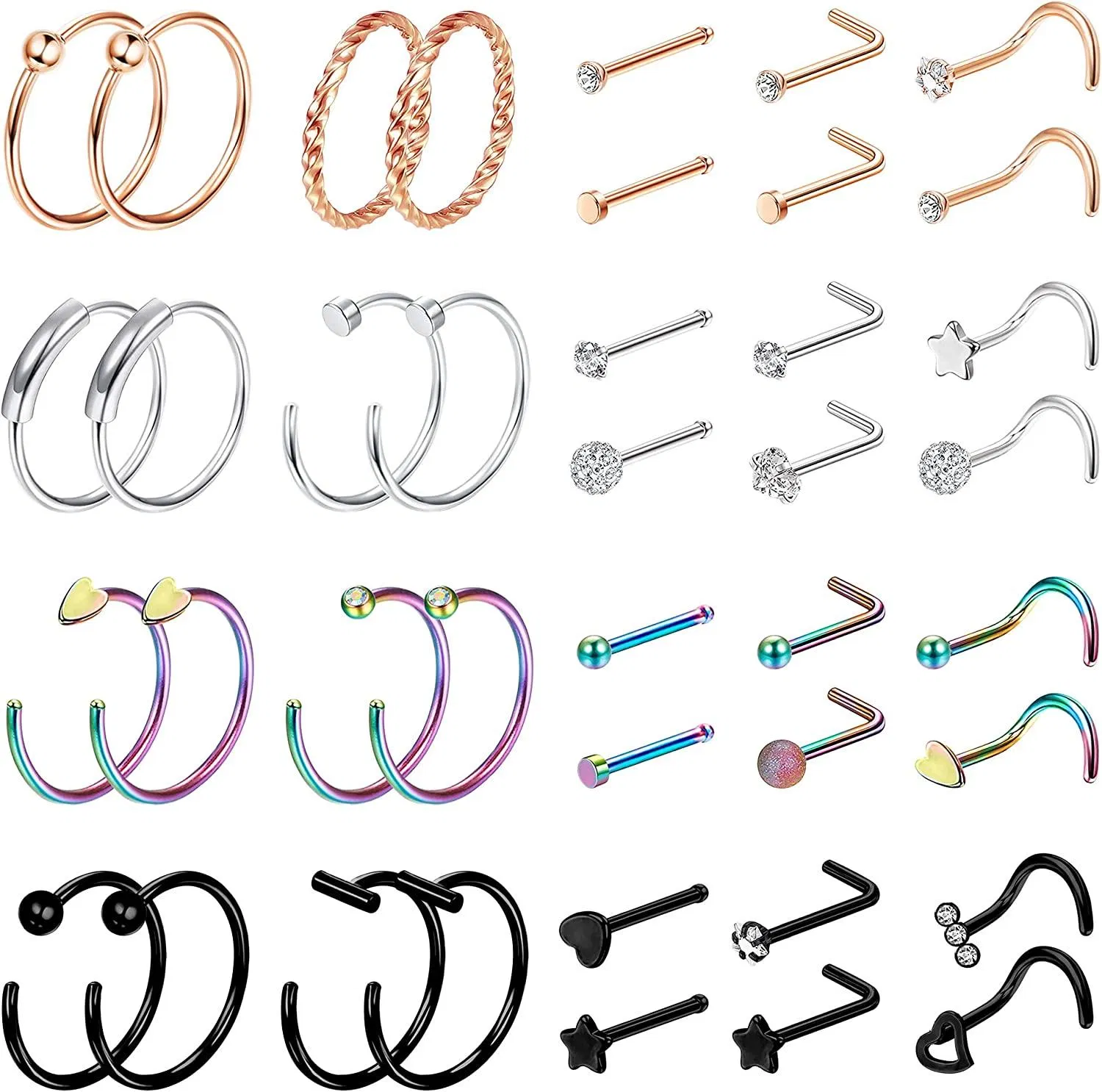 40pcs 18G 20G Nasenring Hoop 316L Edelstahl-Nase Ring Studs L-Form Schraube Nasen Studs Nasen Piercing Nasen Pins Nasenringe für Frauen Männer