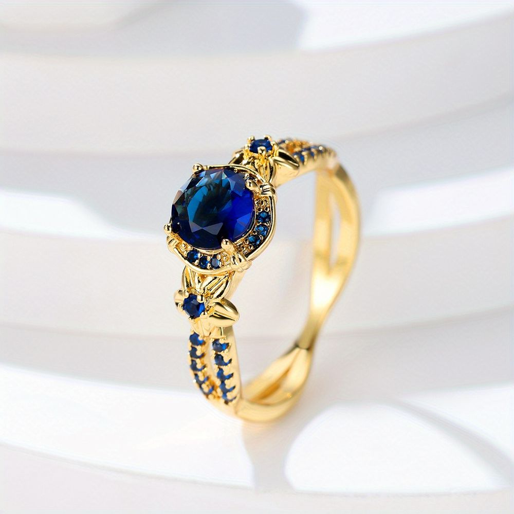 Retro einfacher September Geburtsstein Saphir blau rund Zirkon Fingerring Geschenk für Frauen Mädchen 18K Gold beschichteten Schmuck