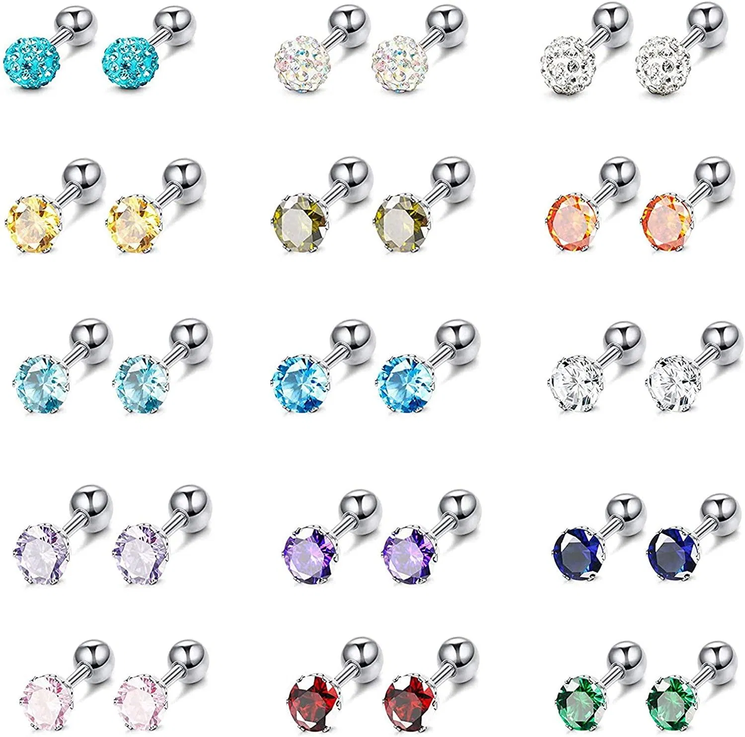 15 Paare Stud Ohrringe für Frauen Mädchen Helix Knorpel Ohrringe Edelstahl Ohrringe CZ Ball Multicolor Glanz Cubic Zirkonia Stud Ohrringe Piercing Ohr-Stows Screwback Ohrringe Set