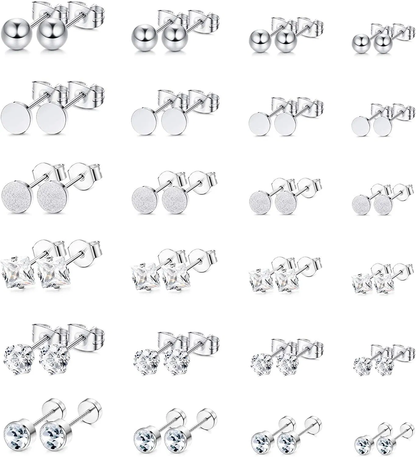 12 - 24 Paare Edelstein-Schwarze Stud Ohrringe für Männer Frauen Ball CZ Ohrringe Knorpel Piercings Set Silber