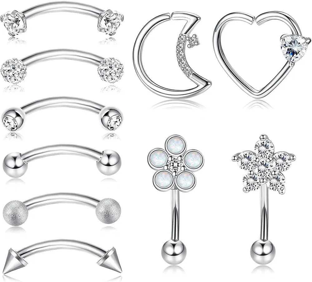 10pcs 16G Rook Curved Barbell Augenbrauenringe für Frauen Männer 316L chirurgische Bauch Lippenring Opal CZ Herz Daith Knorpel Ohrringe Anti Tragus Forward Helix Body Piercing 6MM 8MM
