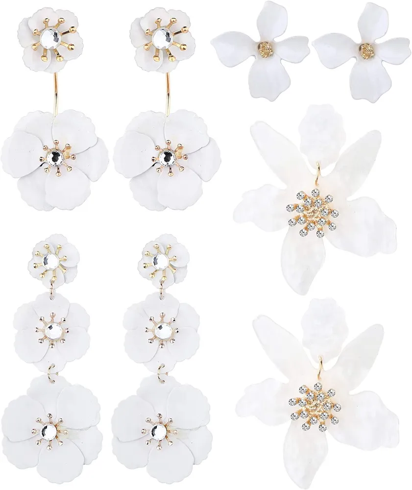 4 Paare Blumenstatement Dangle Ohrringe Tiered Triple Floral Stud Jacket Drop Ohrringe Matte gemalt Floral Petal Ohrringe für Frauen Mädchen