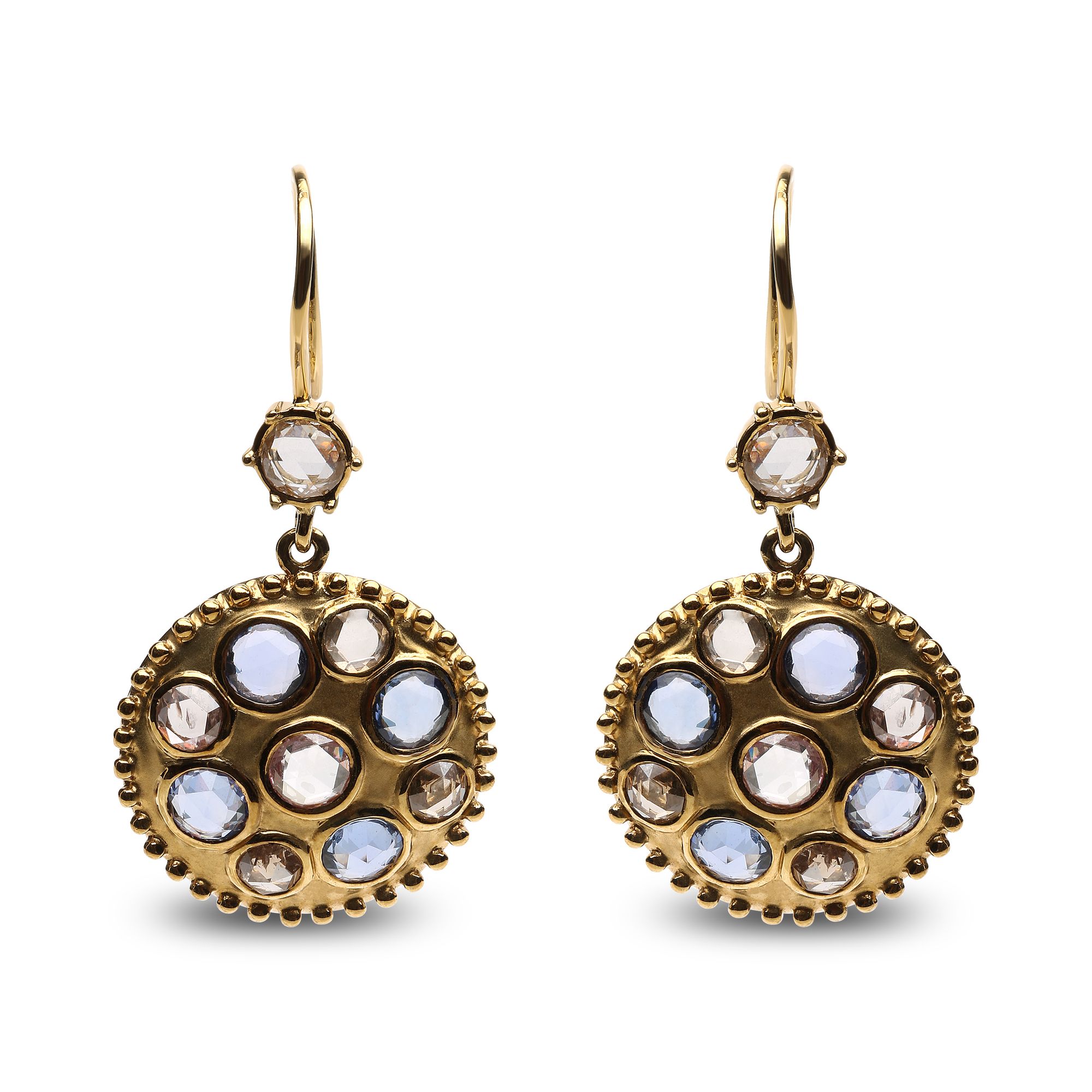 18 Karat Gelbgold 1 2/3 Cttw Diamant und Blau Saphir Lünette Set Edelstein Cluster Medaillon Dangle Ohrringe (Braun und G-H Farbe, SI1 - SI2 Klarheit)
