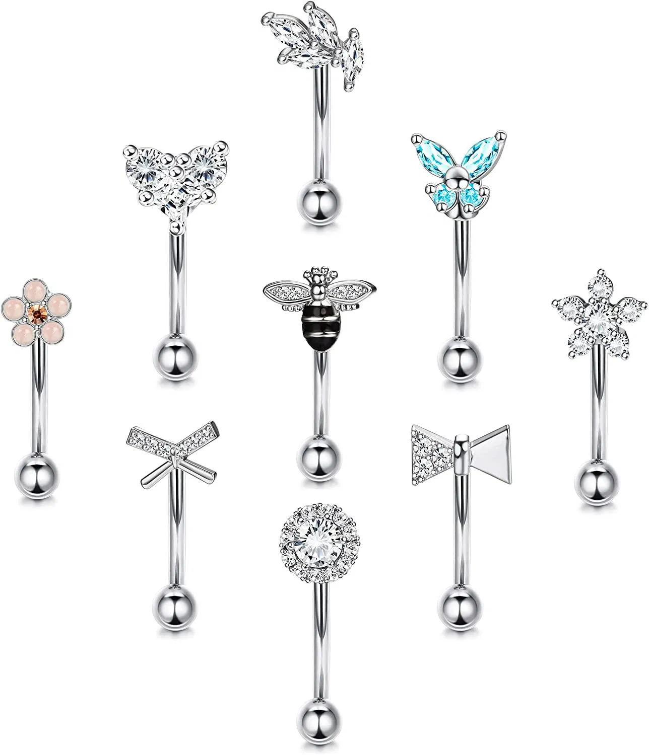 9pcs Augenbrauen Piercing Rook Daith Ohrringe Augenbrauenringe für Frauen 16G gebogen Barbell Tragus Rook Piercing Eye Brow Ring 8mm Augenbrauen