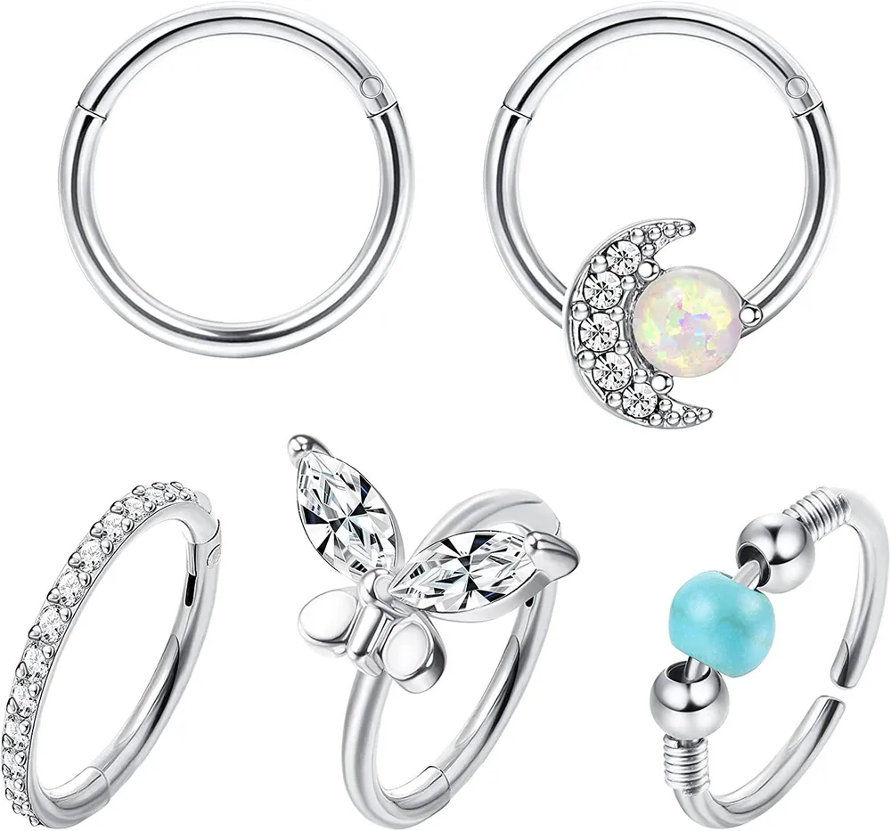 16G Nasenringe Schleife für Frauen Männer Teen Egirl 316L Chirurgische Edelstahl Septum Eingezogen CZ Opal Schmetterling Mondblatt Nasen Piercing Septum Ringe 5 Stück