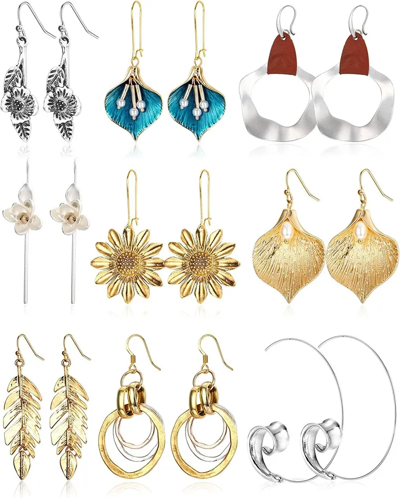 9Paare Bohemian Dangle Ohrringe für Frauen Vintage Türkis Moonstone Tränentropfen Wassertropfen Anhänger abstrakte Sonnenblumen Bienen Charme Boho Ohrring Schmuck