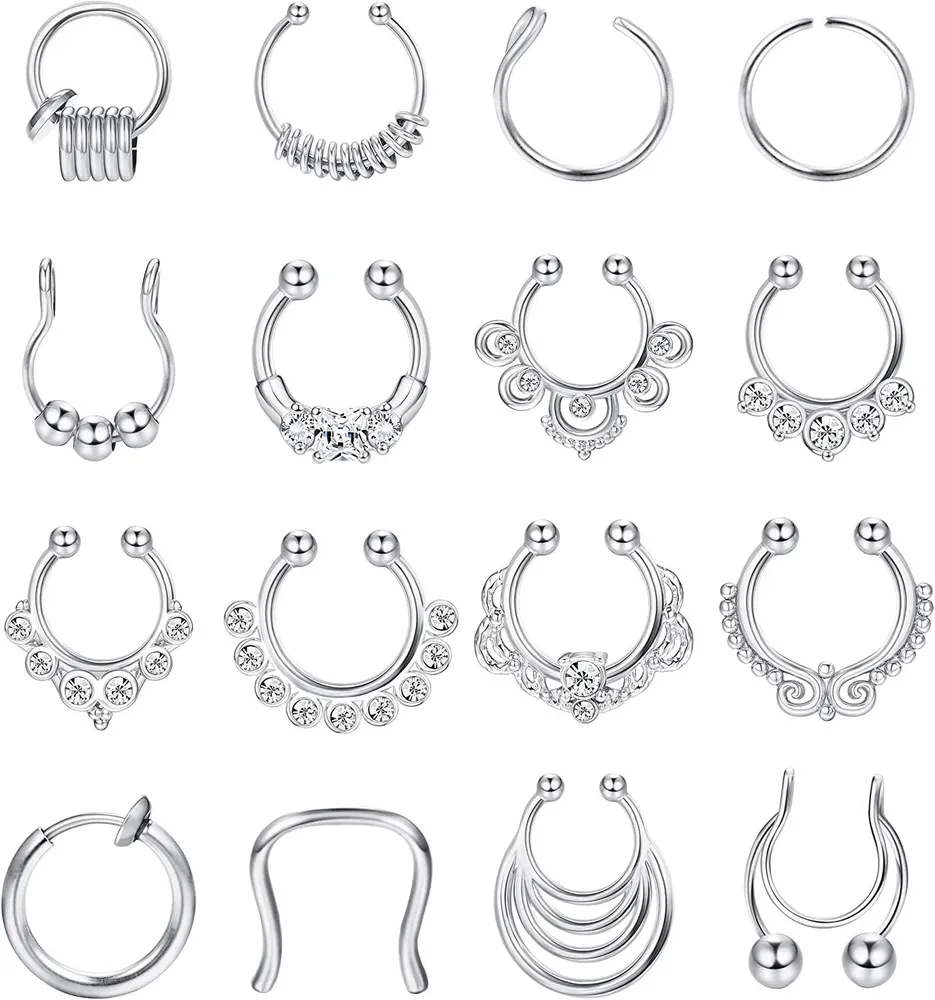 16pcs gefälschte Septum Nase Hoop Ringe Edelstahl Faux Lippen Ohr Nasen Septum Ring Clicker Hanger Non-Piercing Clip auf Nasen Hoop Ringe Körper Piercing