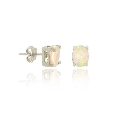 Sterling Silber 6x4 Oval geschaffen feurige weiße Opal Stud Ohrringe