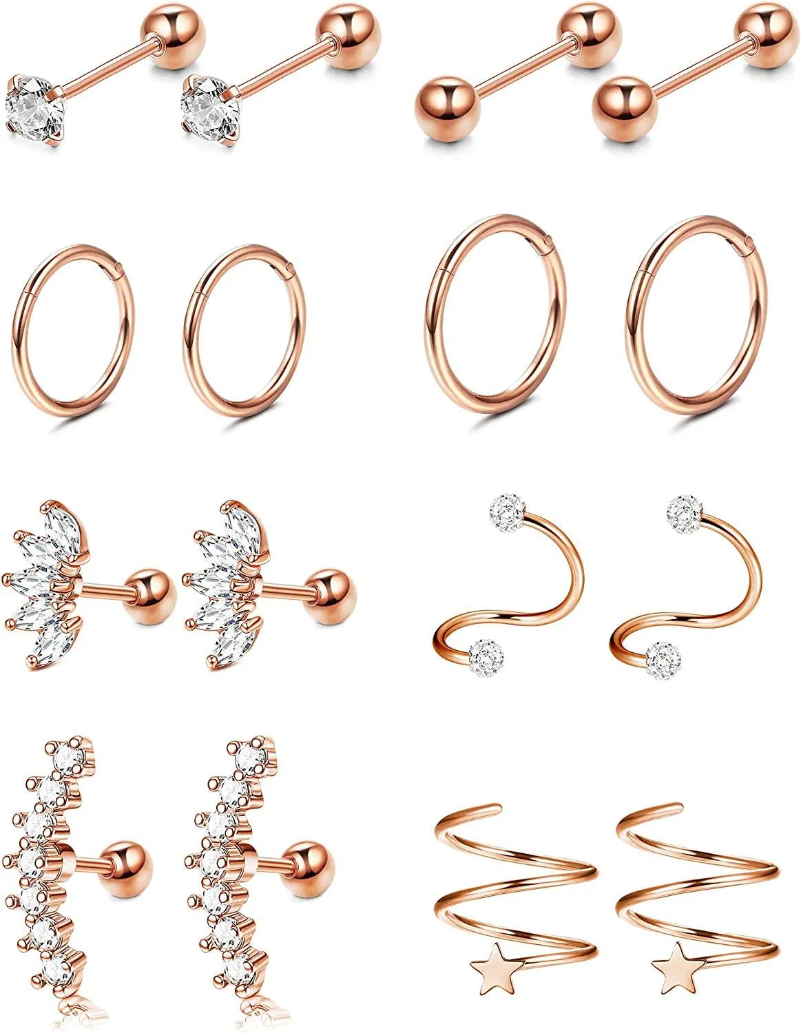 8Paare Edelstahlhelix Knorpel Tragus Stud Ohrringe Schreifen für Frauen Grills CZ Barbell Piercing Ohrringe Stud Body Piercing 16 - 18G