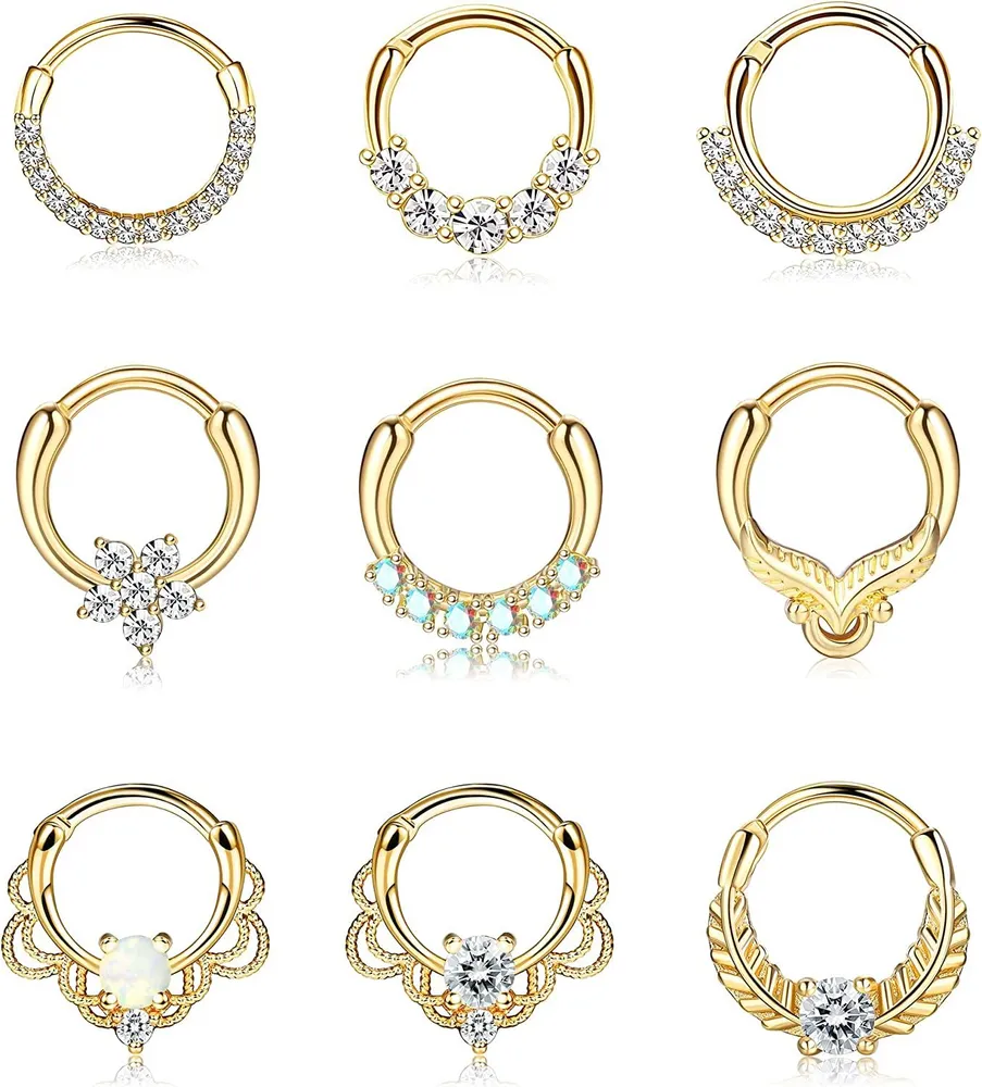 9PCS 16G Septum Ringe CZ Opal gepflastert Blumenblatt Feder Edelstahl-Hoop Nasen Ringe Knorpel Helix Tragus Daith Ohrringe Scharnier Septum Clicker Nasen Piercing für Frauen Männer