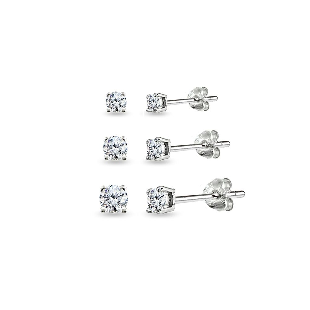 3 Pair Set Round Cubic Zirkonia Stud Ohrringe in 925 Silber, 3mm 4mm 5mm